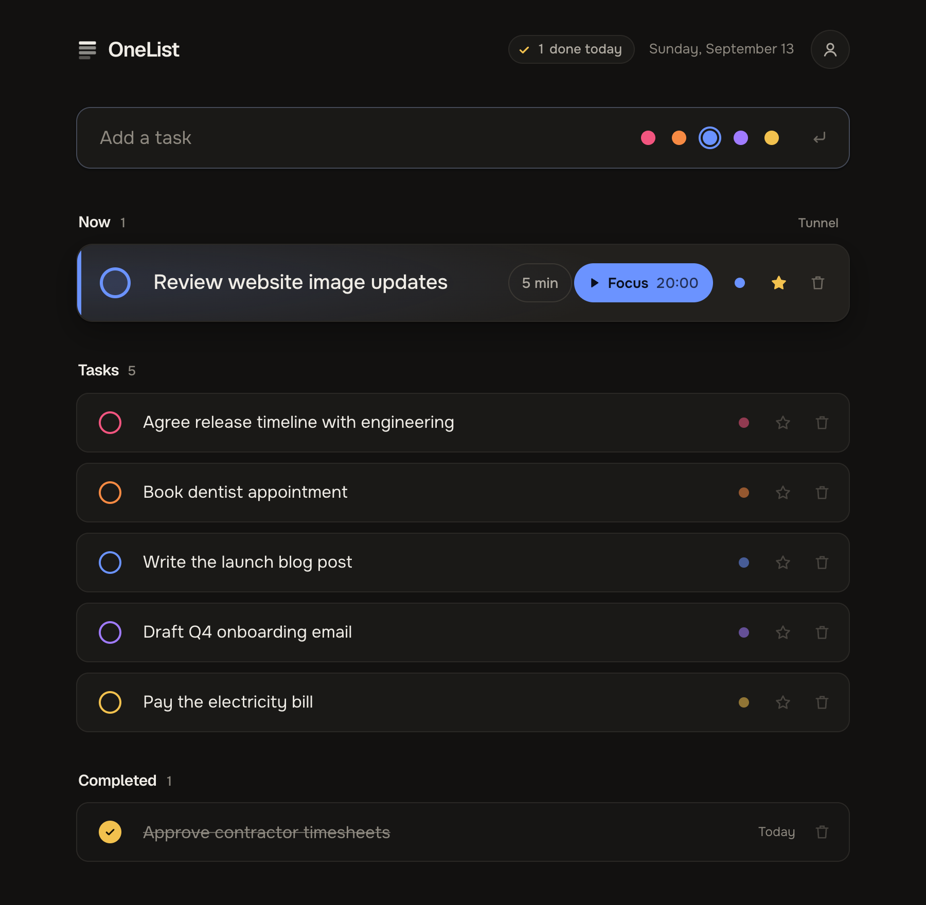 OneList in dark mode: a starred task in Now with 5 min and Focus buttons, colour-coded tasks below, and a completed task