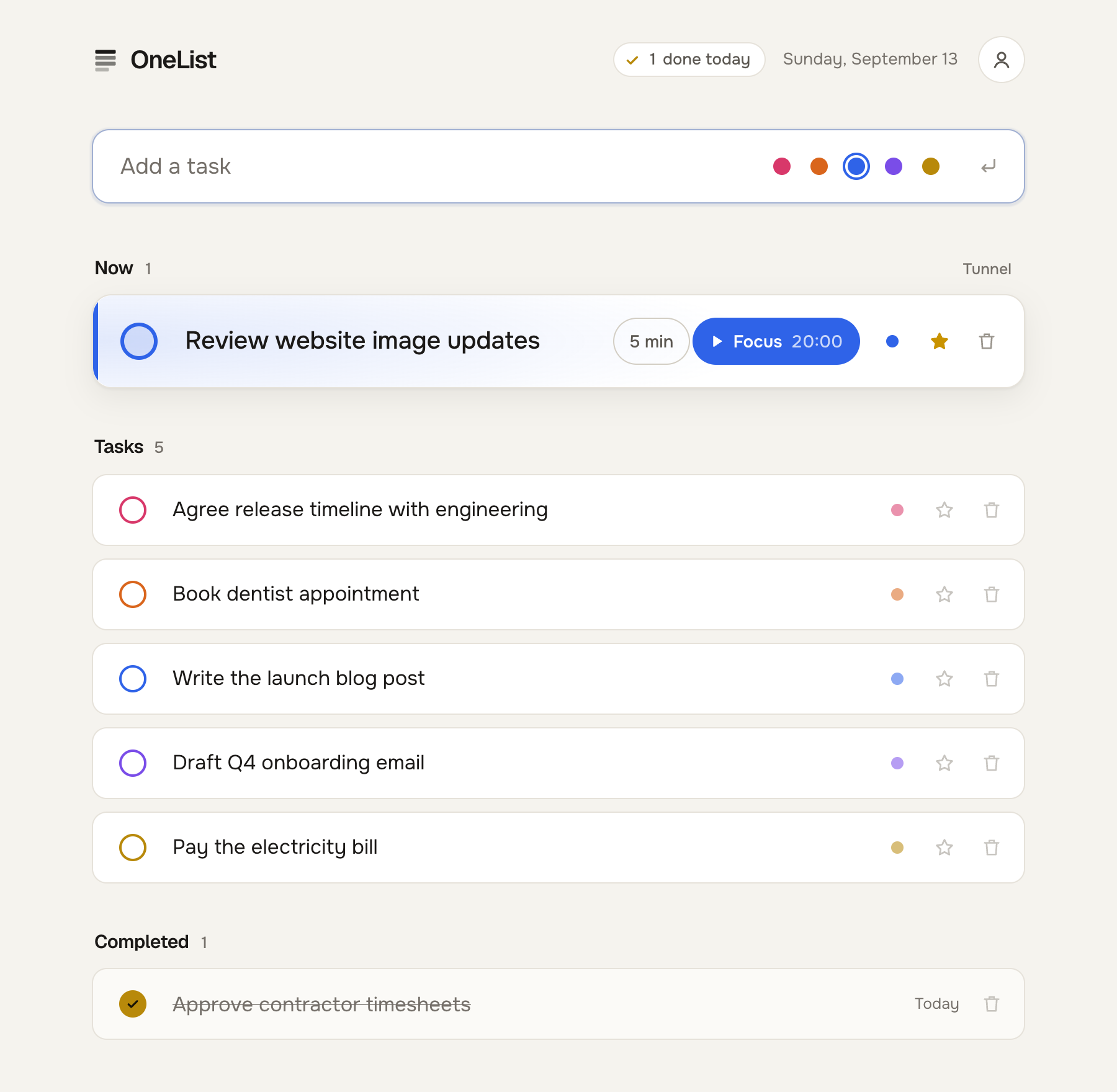 OneList in light mode: a starred task in Now with 5 min and Focus buttons, colour-coded tasks below, and a completed task