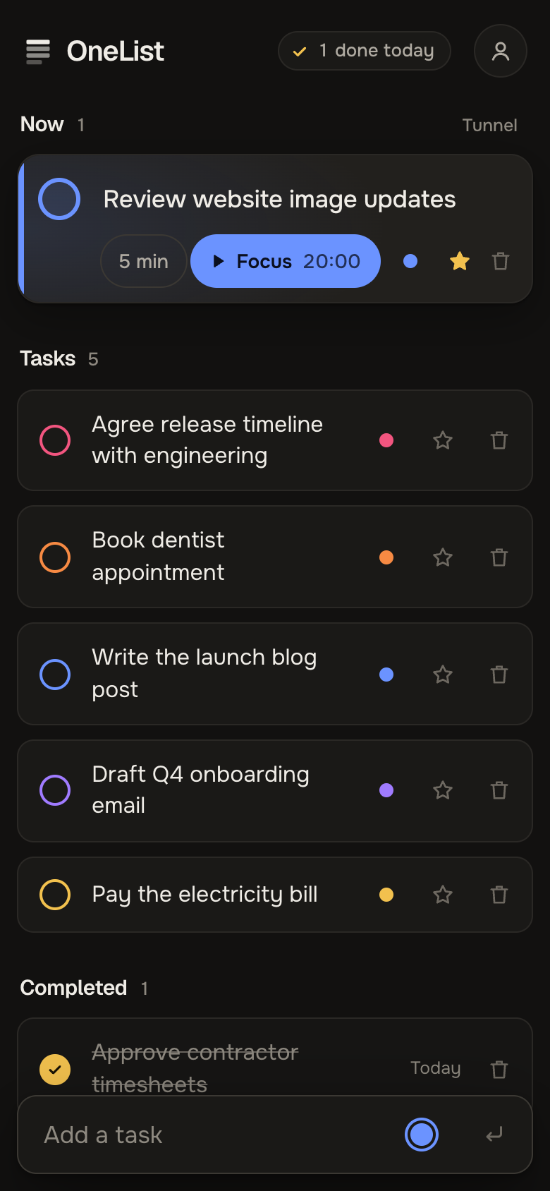 OneList on a phone in dark mode, with the add bar docked at the bottom