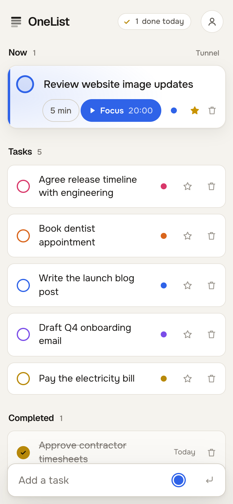 OneList on a phone in light mode, with the add bar docked at the bottom