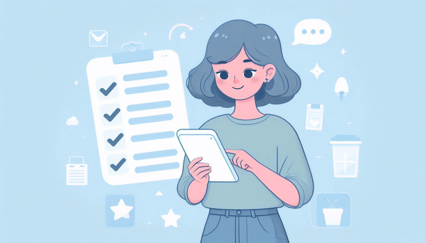 Minimalist pastel cartoon illustration of a female using productivity apps, checklist icons, blue background.