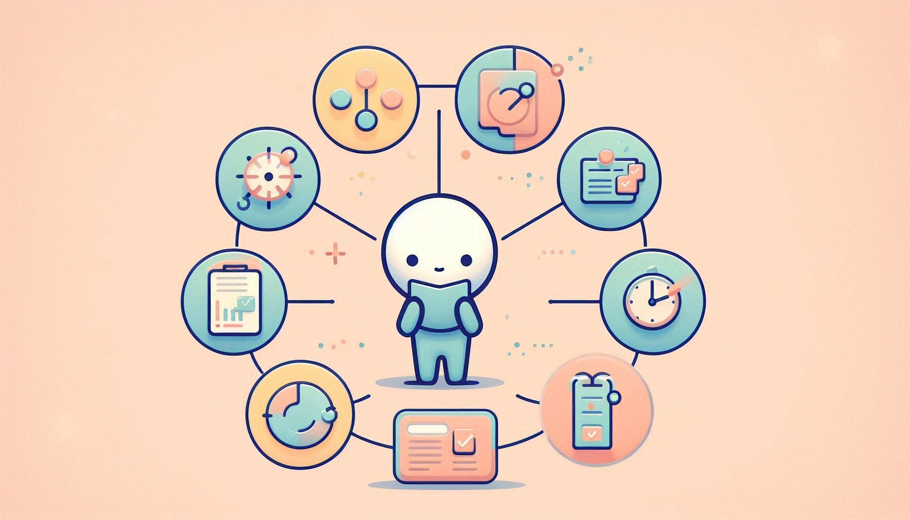 A friendly character surrounded by productivity icons, symbolizing task management, focus, and organization