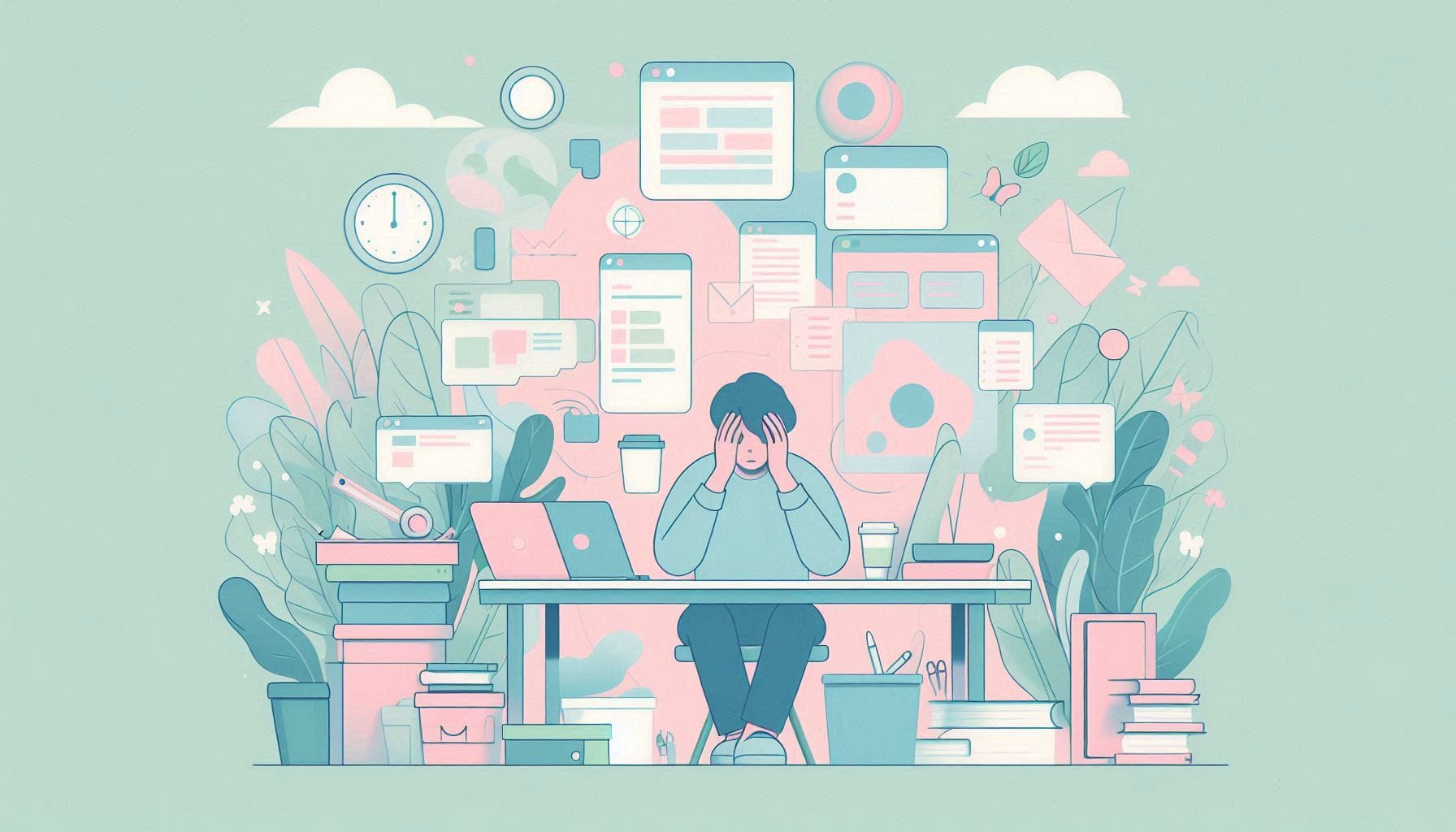 "Illustration of an overwhelmed person at a cluttered desk, struggling with complex productivity systems.