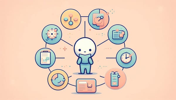 A friendly character surrounded by productivity icons, symbolizing task management, focus, and organization