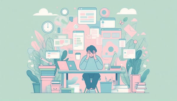 "Illustration of an overwhelmed person at a cluttered desk, struggling with complex productivity systems.